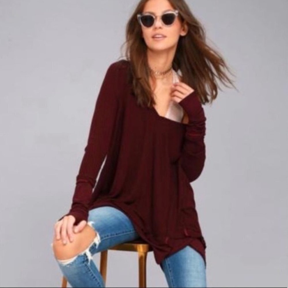 Free People V Neck Draped Tunic Shirt Burgundy Red Oversized Small